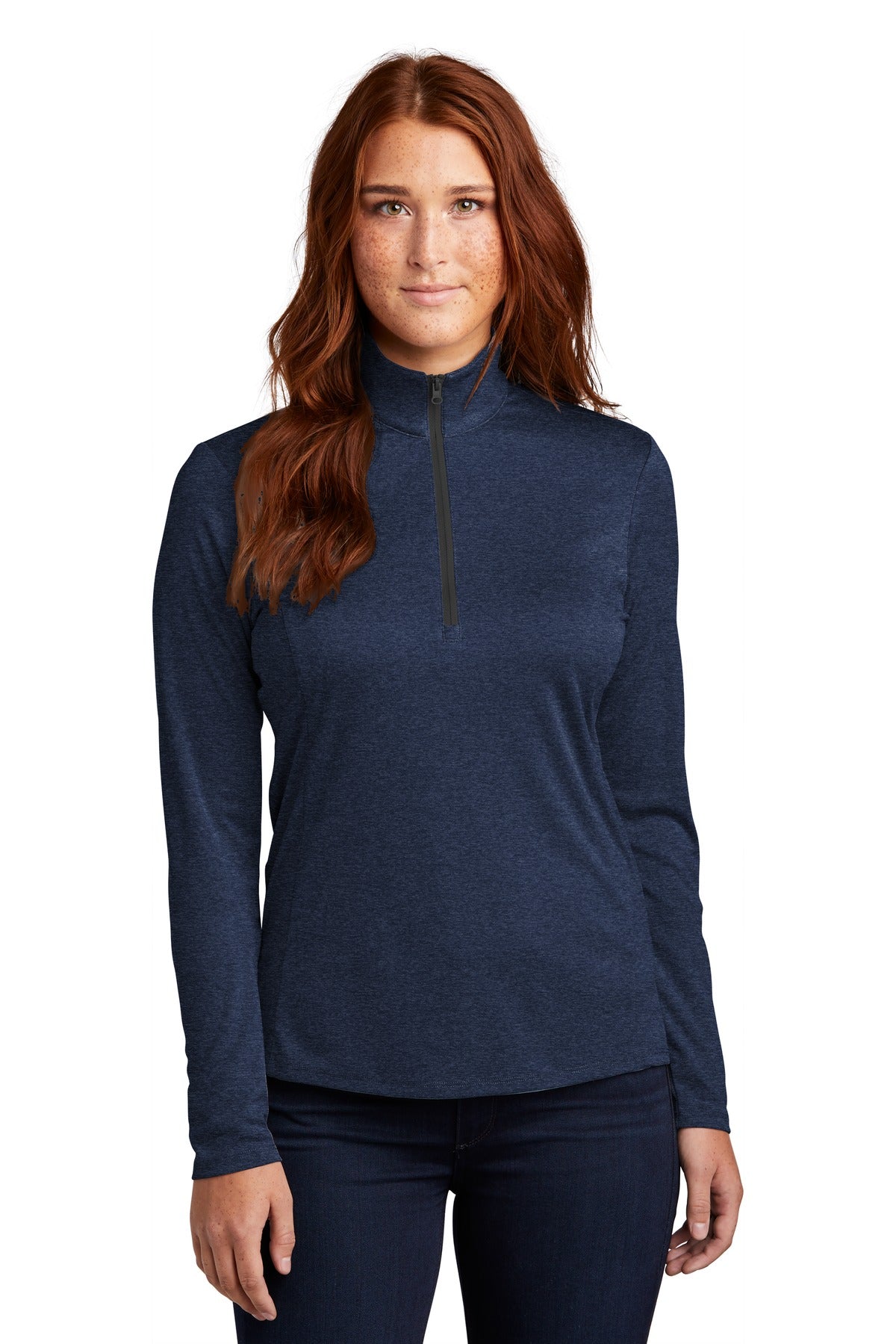 Front View of Dark Royal Hth Sport-Tek Women's Endeavor 1/2-Zip Pullover. LST469