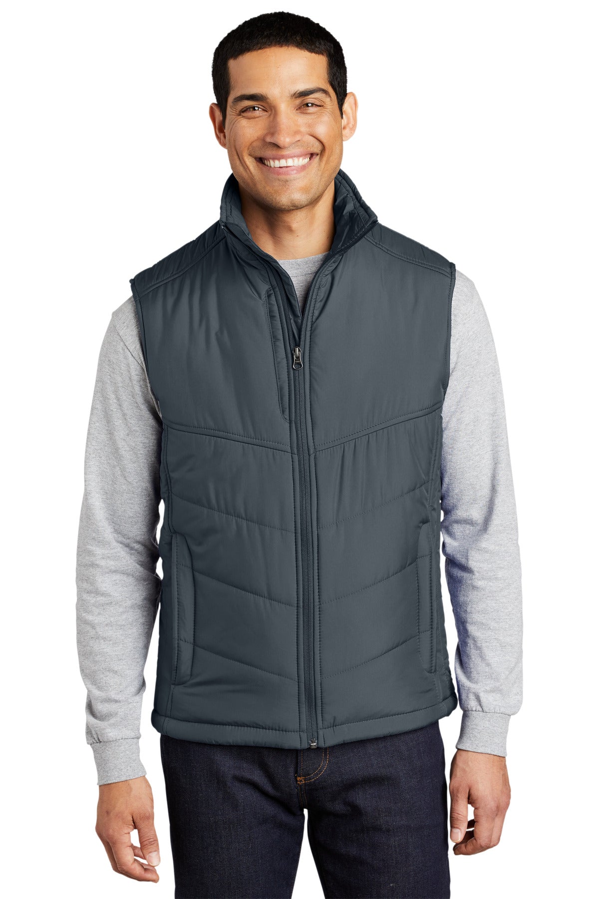 Front View of Dark Slate Port Authority Puffy Vest. J709