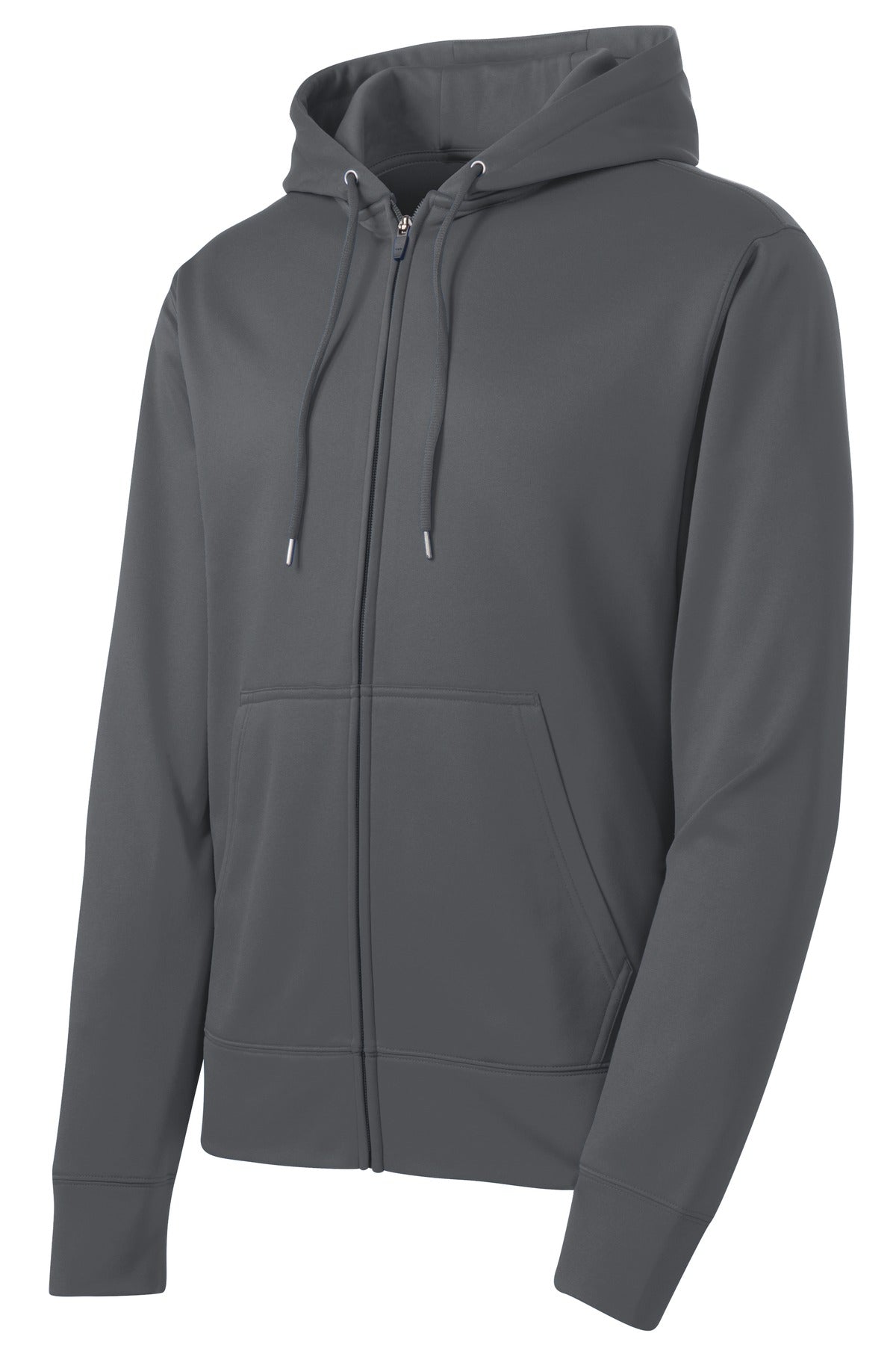 Front View of Dark Smk Grey Sport-Tek Sport-Wick Fleece Full-Zip Hooded Jacket. ST238