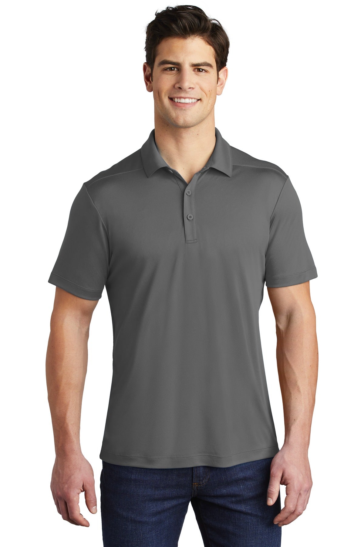 Front View of Dark Smoke Gry Sport-Tek Posi-UV Pro Polo. ST520