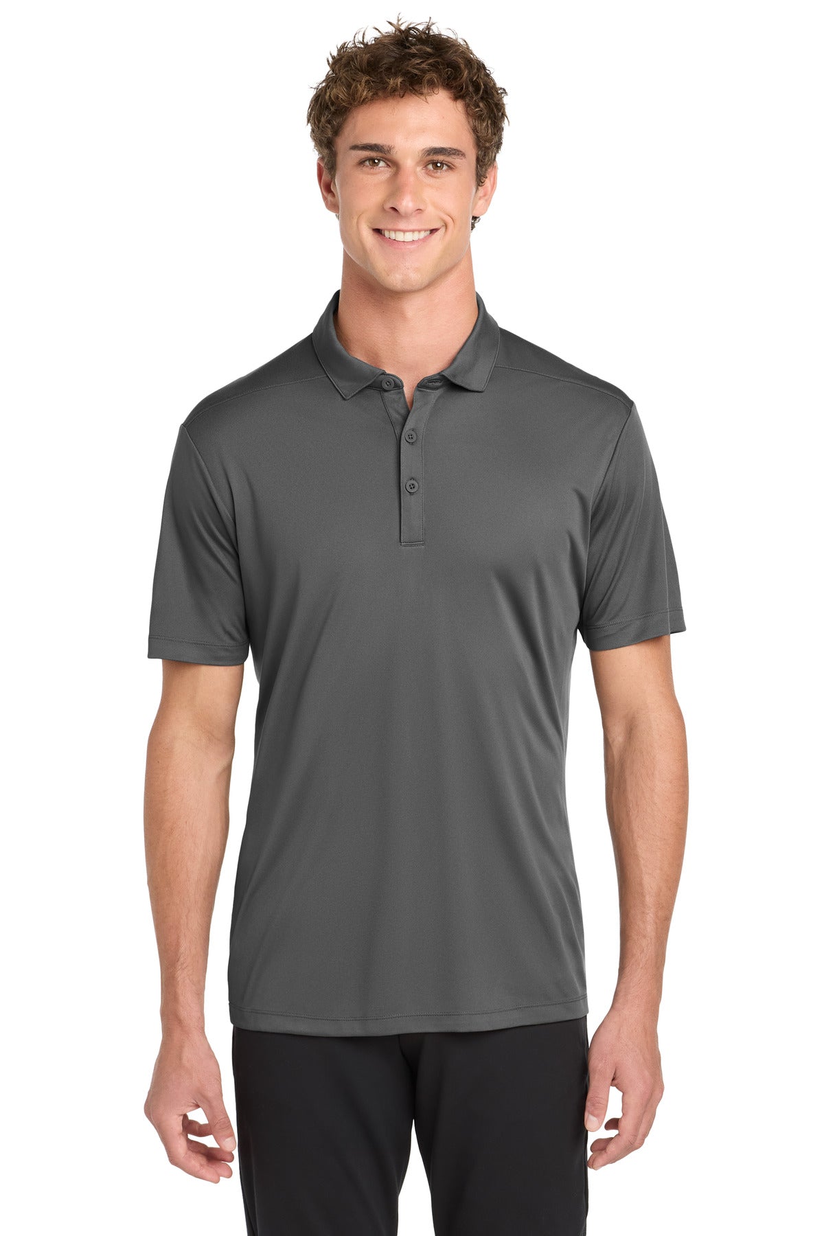 Front View of Dark Smoke Gry Sport-Tek Posi-UV Pro Polo. ST520