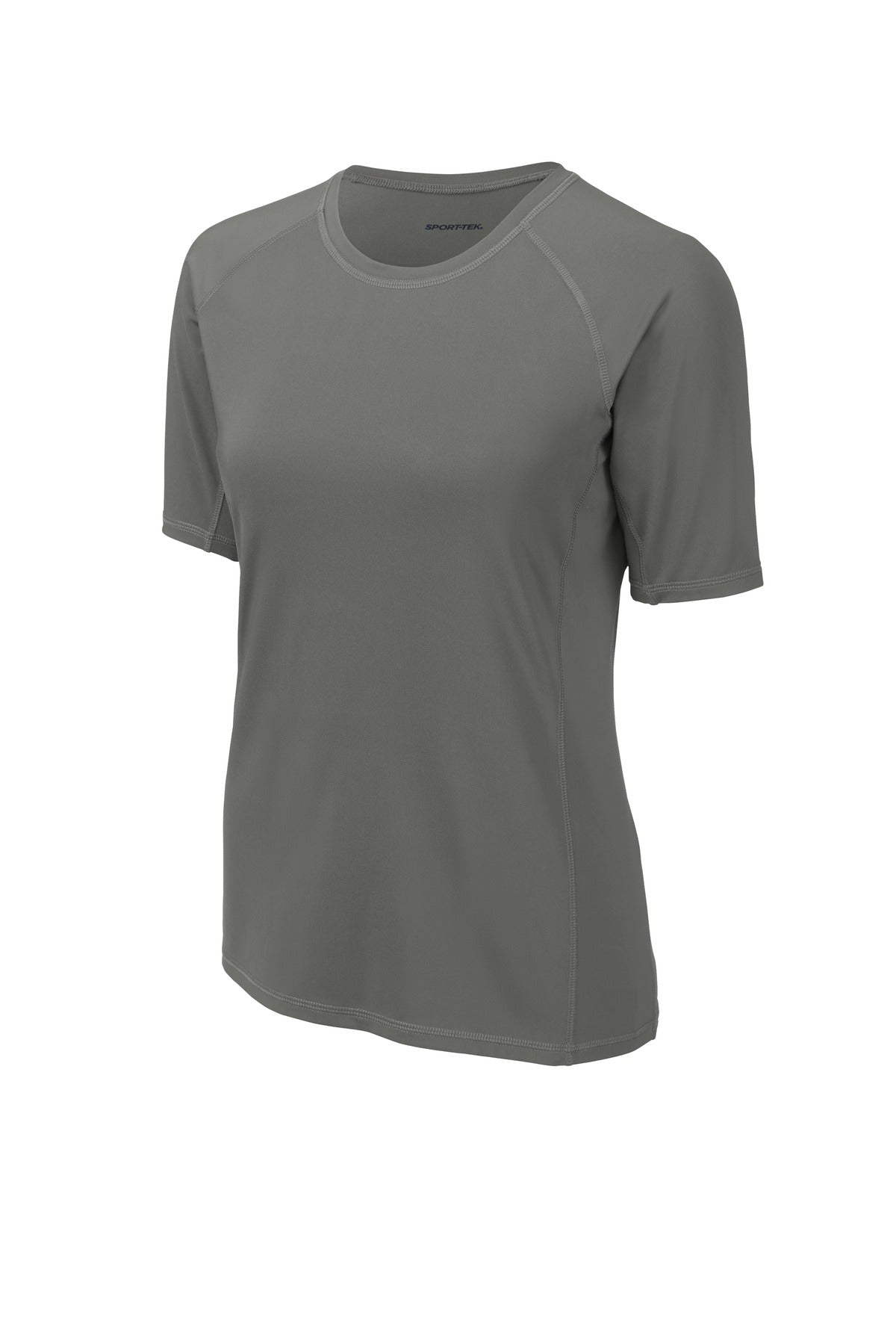 Front View of Dark Smoke Gry Sport-Tek Women's Rashguard Tee. LST470