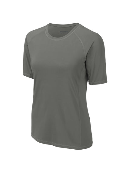 Front View of Dark Smoke Gry Sport-Tek Women's Rashguard Tee. LST470
