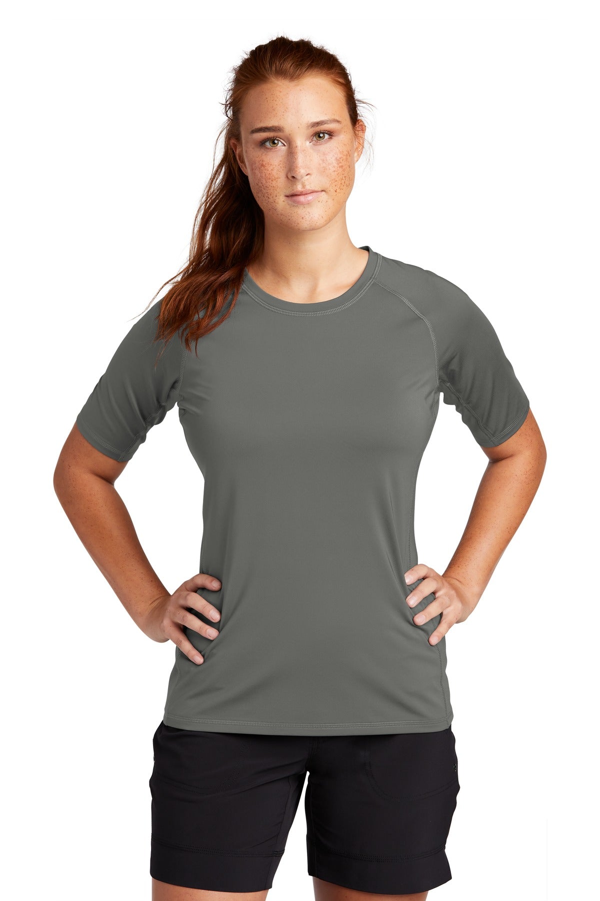 Front View of Dark Smoke Gry Sport-Tek Women's Rashguard Tee. LST470