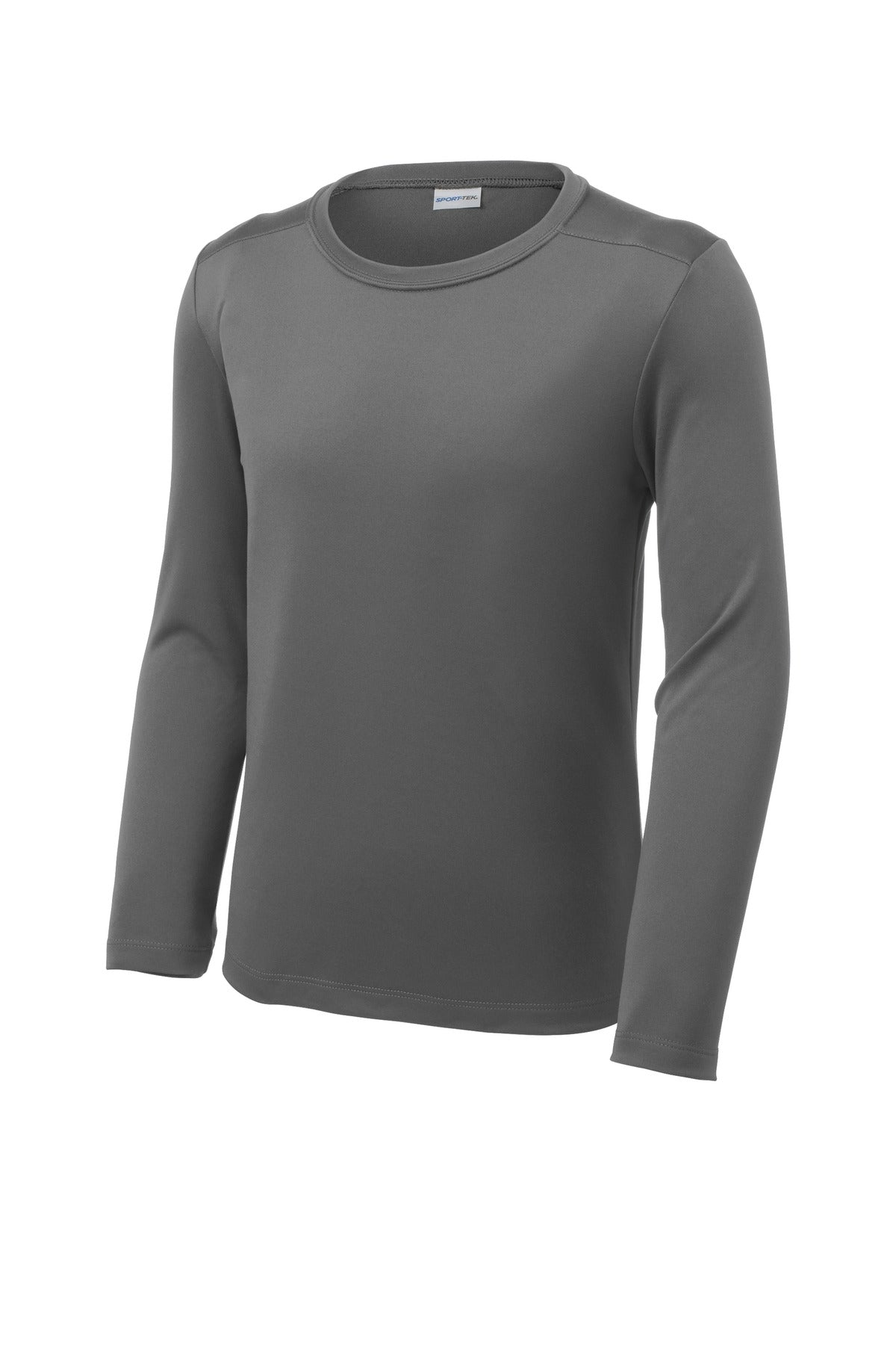 Front View of Dark Smoke Gry Sport-Tek Youth Posi-UV Pro Long Sleeve Tee. YST420LS