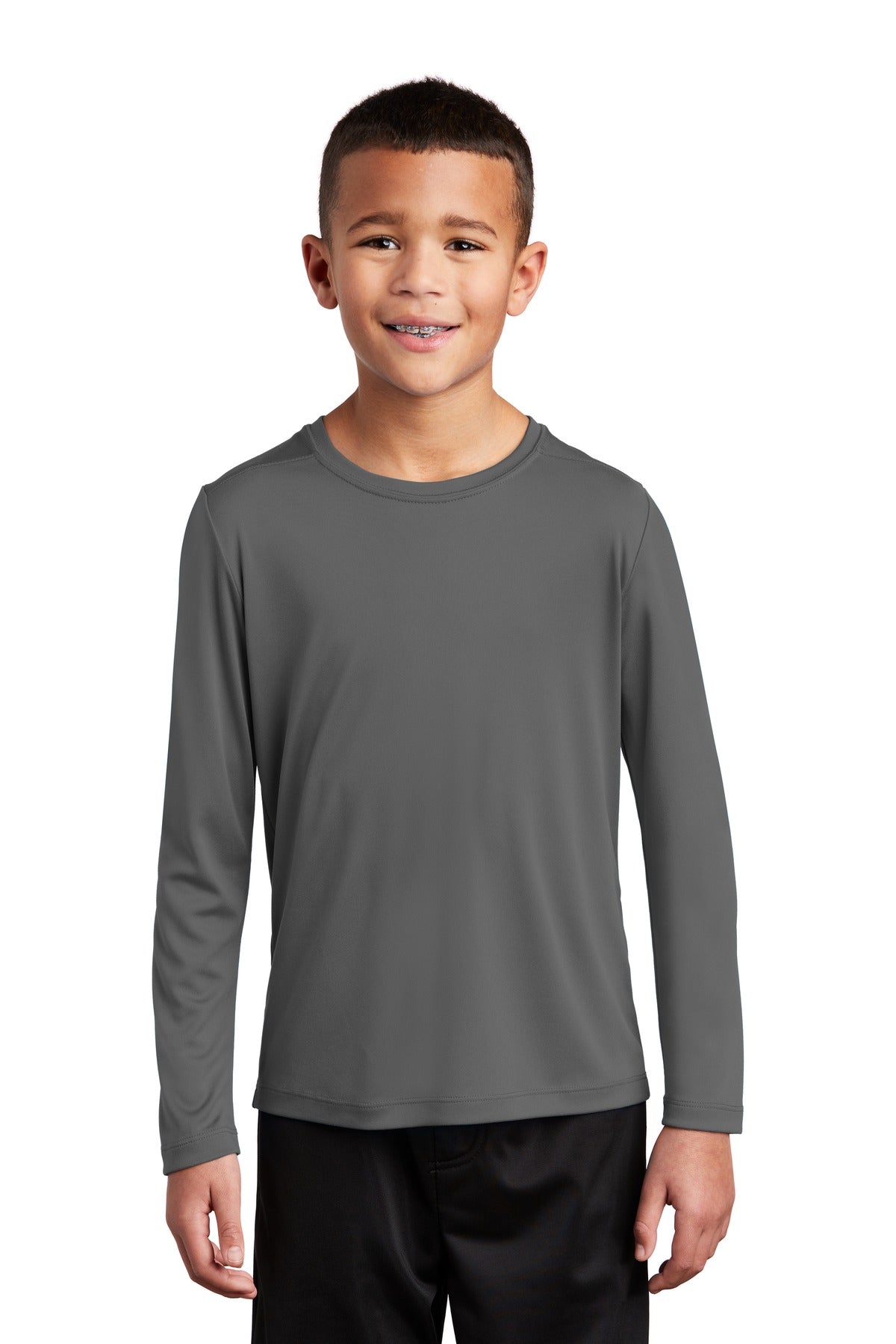 Front View of Dark Smoke Gry Sport-Tek Youth Posi-UV Pro Long Sleeve Tee. YST420LS