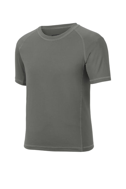 Front View of Dark Smoke Gry Sport-Tek Youth Rashguard Tee. YST470