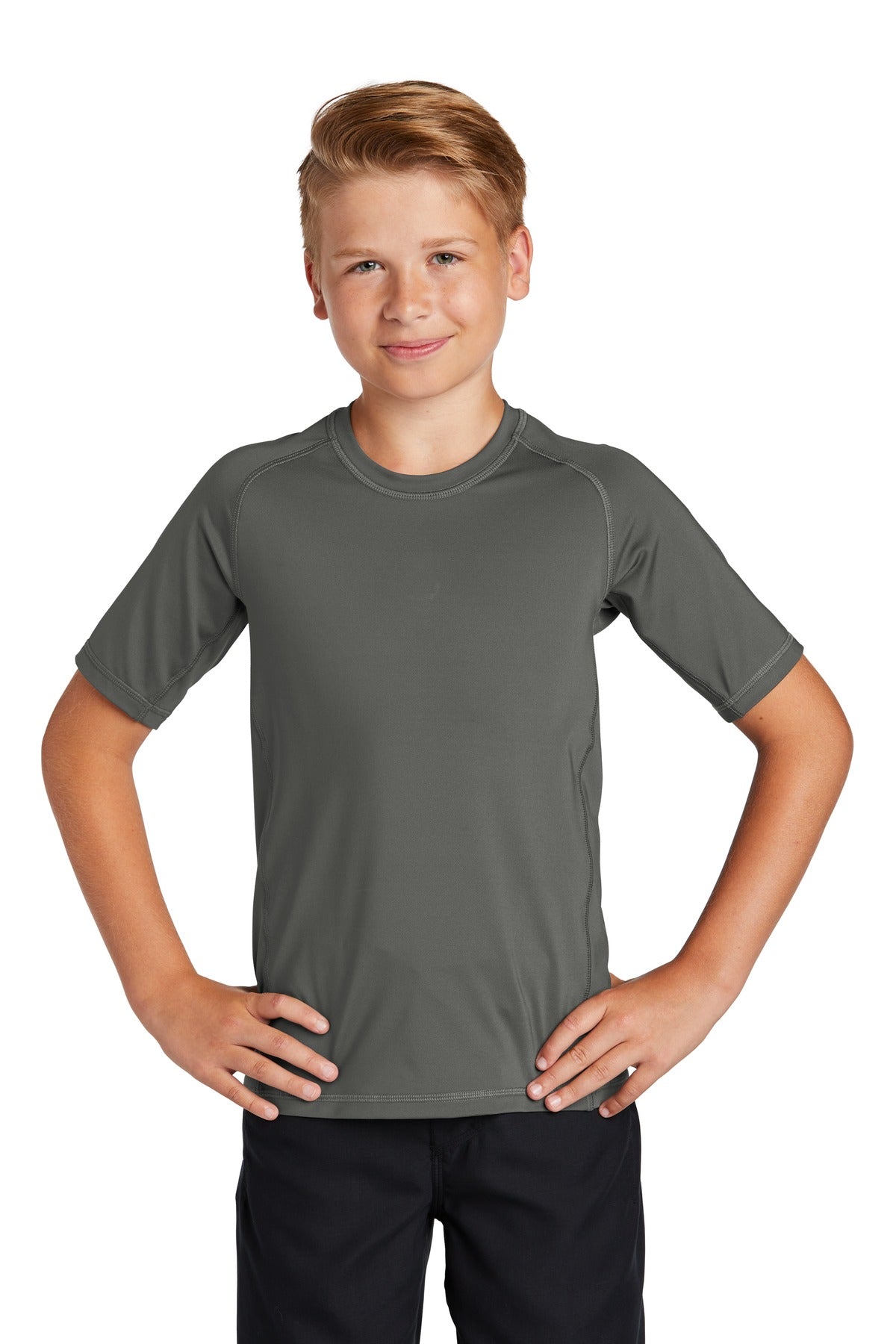Front View of Dark Smoke Gry Sport-Tek Youth Rashguard Tee. YST470