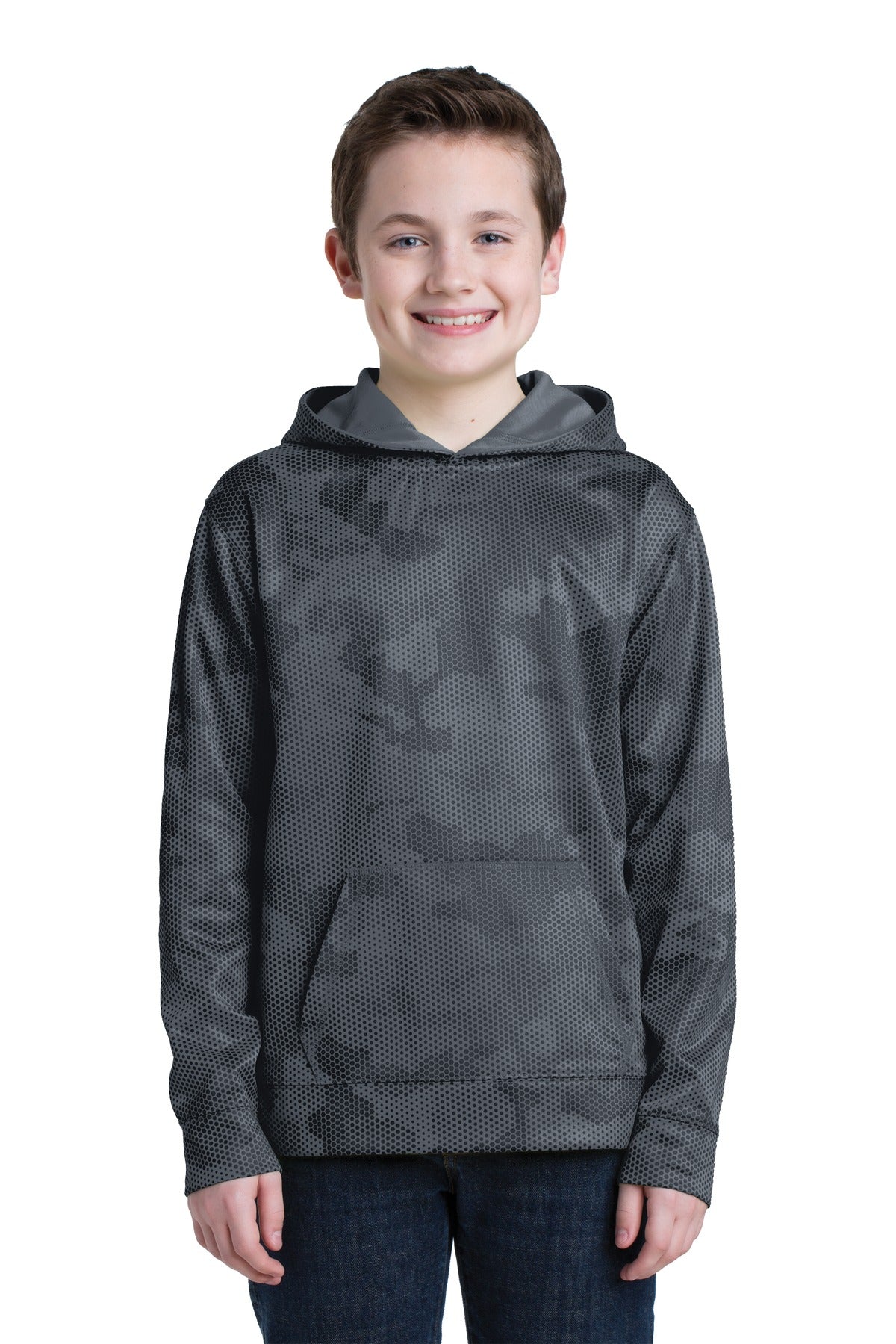 Front View of Dark Smoke Gry Sport-Tek Youth Sport-Wick CamoHex Fleece Hooded Pullover. YST240