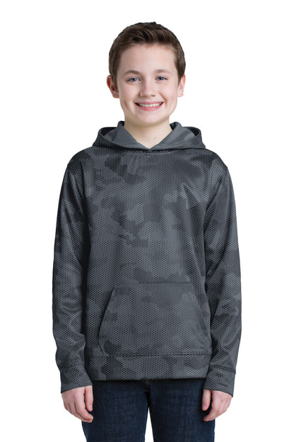 Front View of Dark Smoke Gry Sport-Tek Youth Sport-Wick CamoHex Fleece Hooded Pullover. YST240