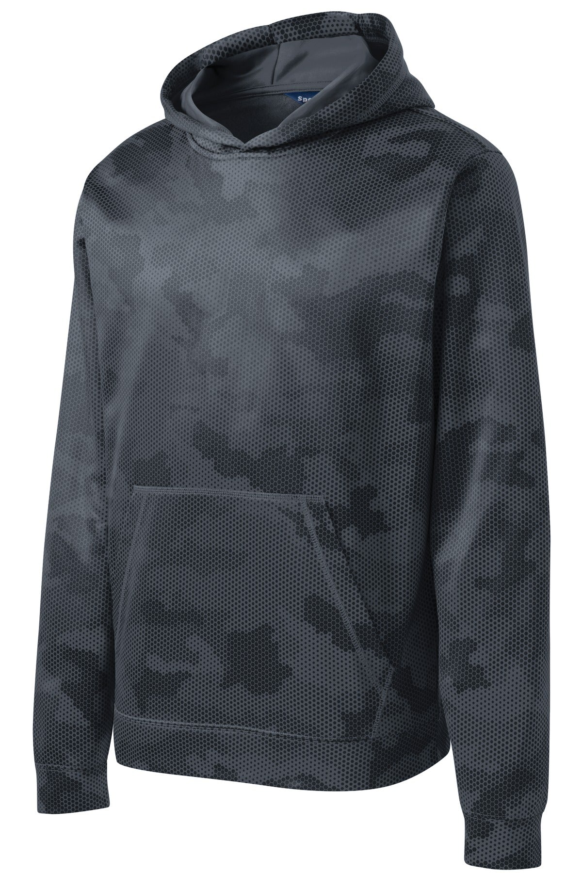 Front View of Dark Smoke Gry Sport-Tek Youth Sport-Wick CamoHex Fleece Hooded Pullover. YST240