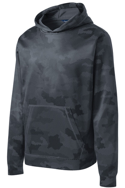 Front View of Dark Smoke Gry Sport-Tek Youth Sport-Wick CamoHex Fleece Hooded Pullover. YST240