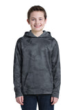 Front View of Dark Smoke Gry Sport-Tek Youth Sport-Wick CamoHex Fleece Hooded Pullover. YST240
