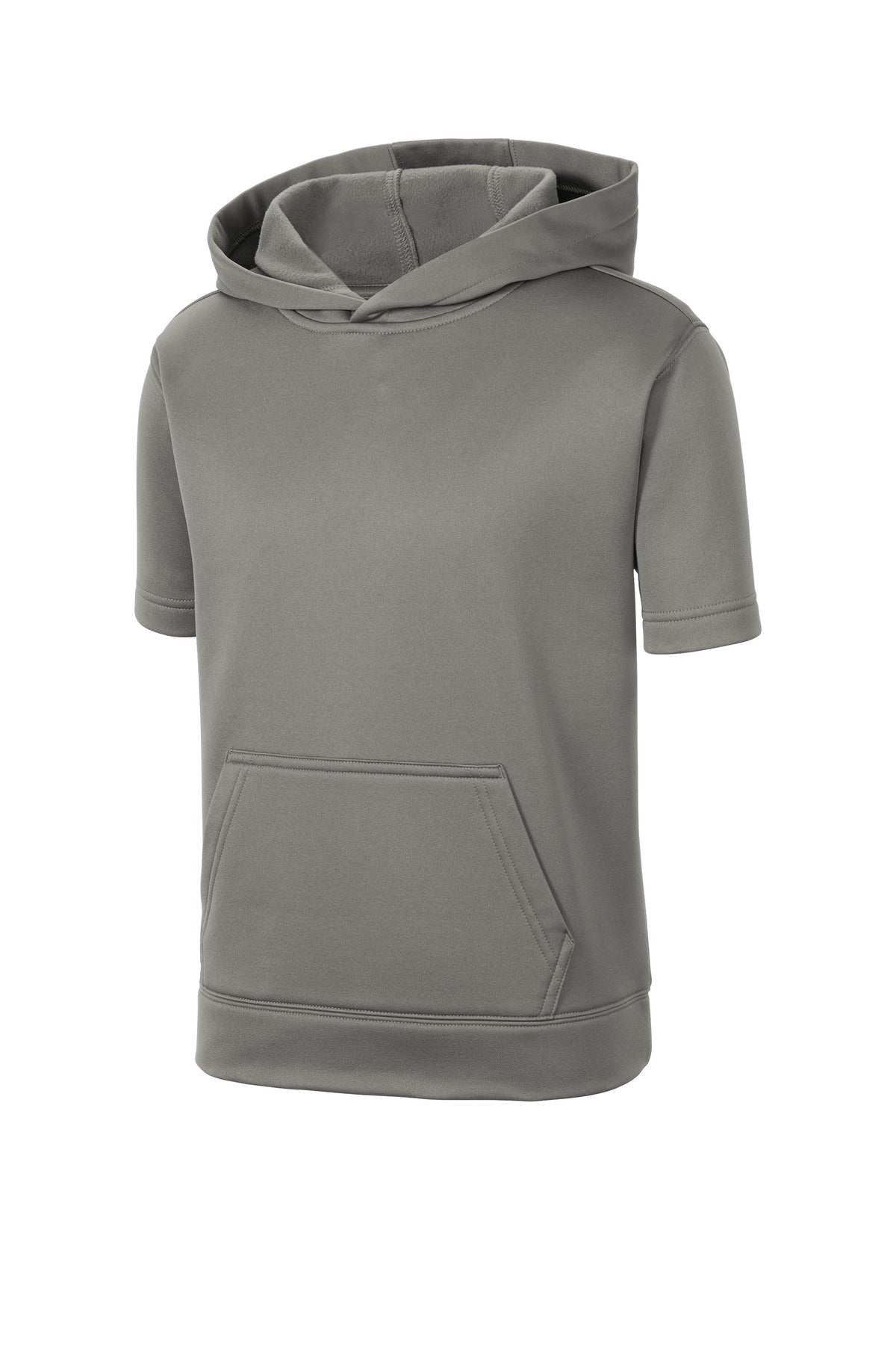 Front View of Dark Smoke Gry Sport-Tek Youth Sport-Wick Fleece Short Sleeve Hooded Pullover. YST251