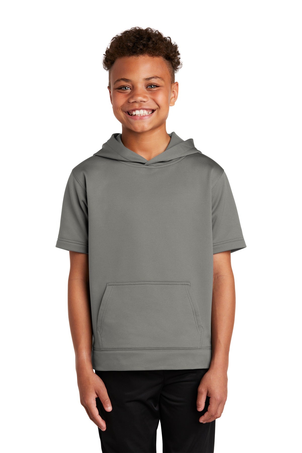Front View of Dark Smoke Gry Sport-Tek Youth Sport-Wick Fleece Short Sleeve Hooded Pullover. YST251