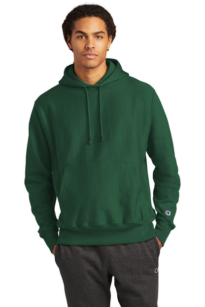 Front View of DarkGreen Champion Reverse Weave Hooded Sweatshirt S101