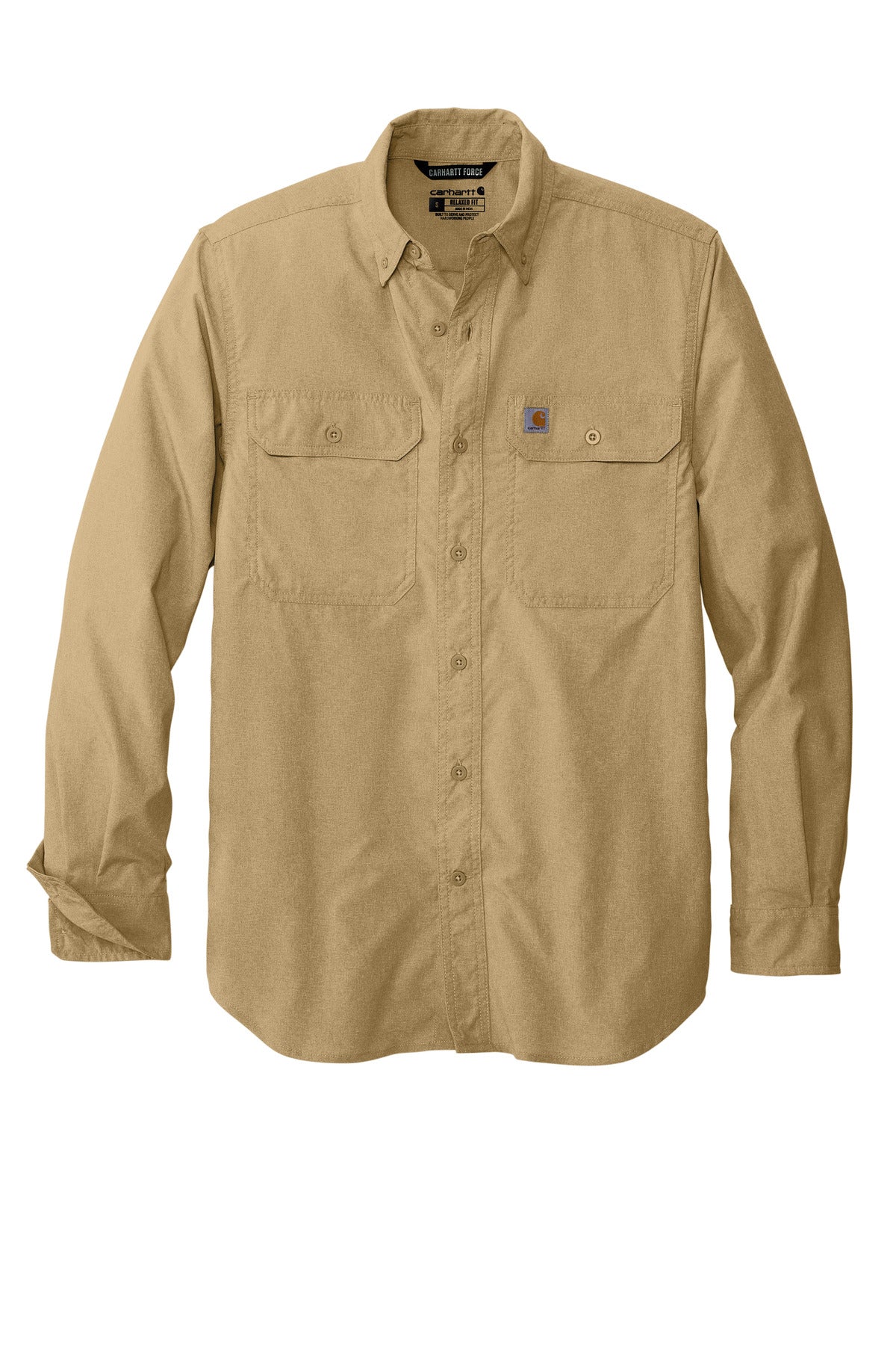 Front View of DarkKhaki Carhartt Force Solid Long Sleeve Shirt CT105291