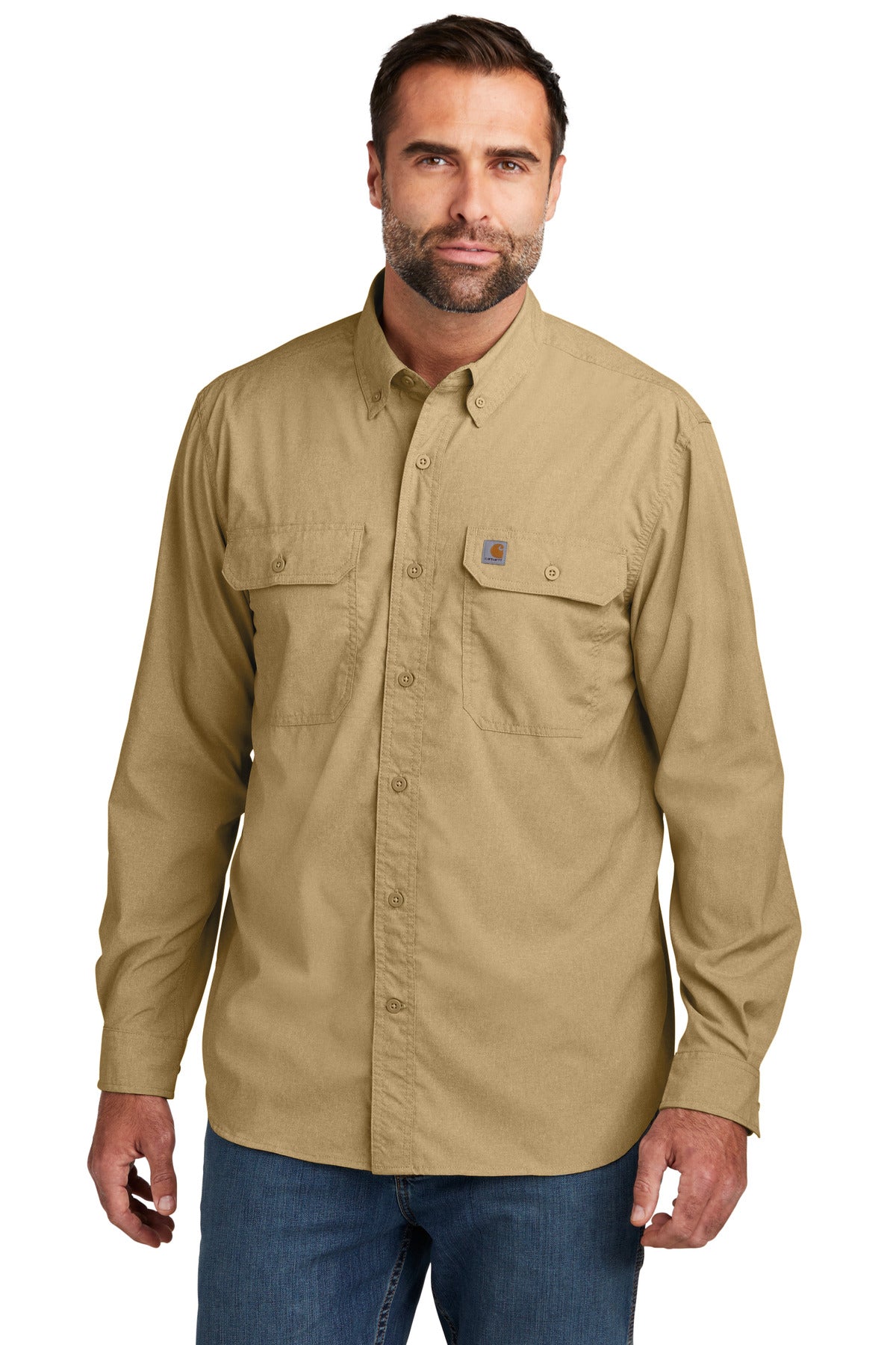 Front View of DarkKhaki Carhartt Force Solid Long Sleeve Shirt CT105291