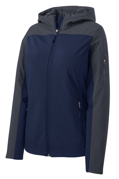 Front View of DB Nvy/Bat Gry Port Authority Women's Hooded Core Soft Shell Jacket. L335