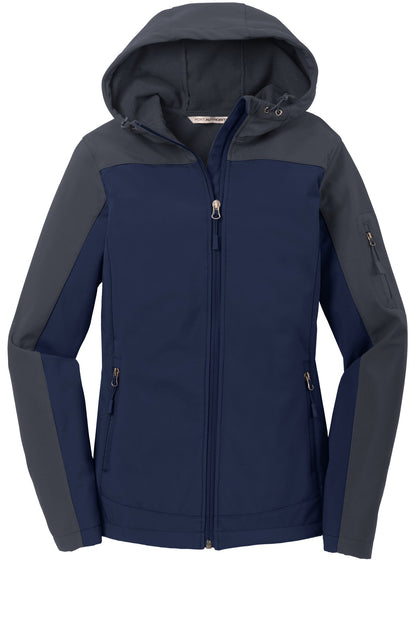 Front View of DB Nvy/Bat Gry Port Authority Women's Hooded Core Soft Shell Jacket. L335