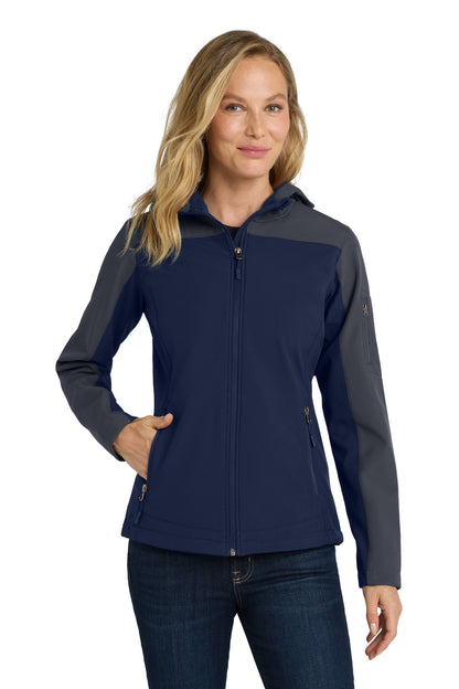 Front View of DB Nvy/Bat Gry Port Authority Women's Hooded Core Soft Shell Jacket. L335