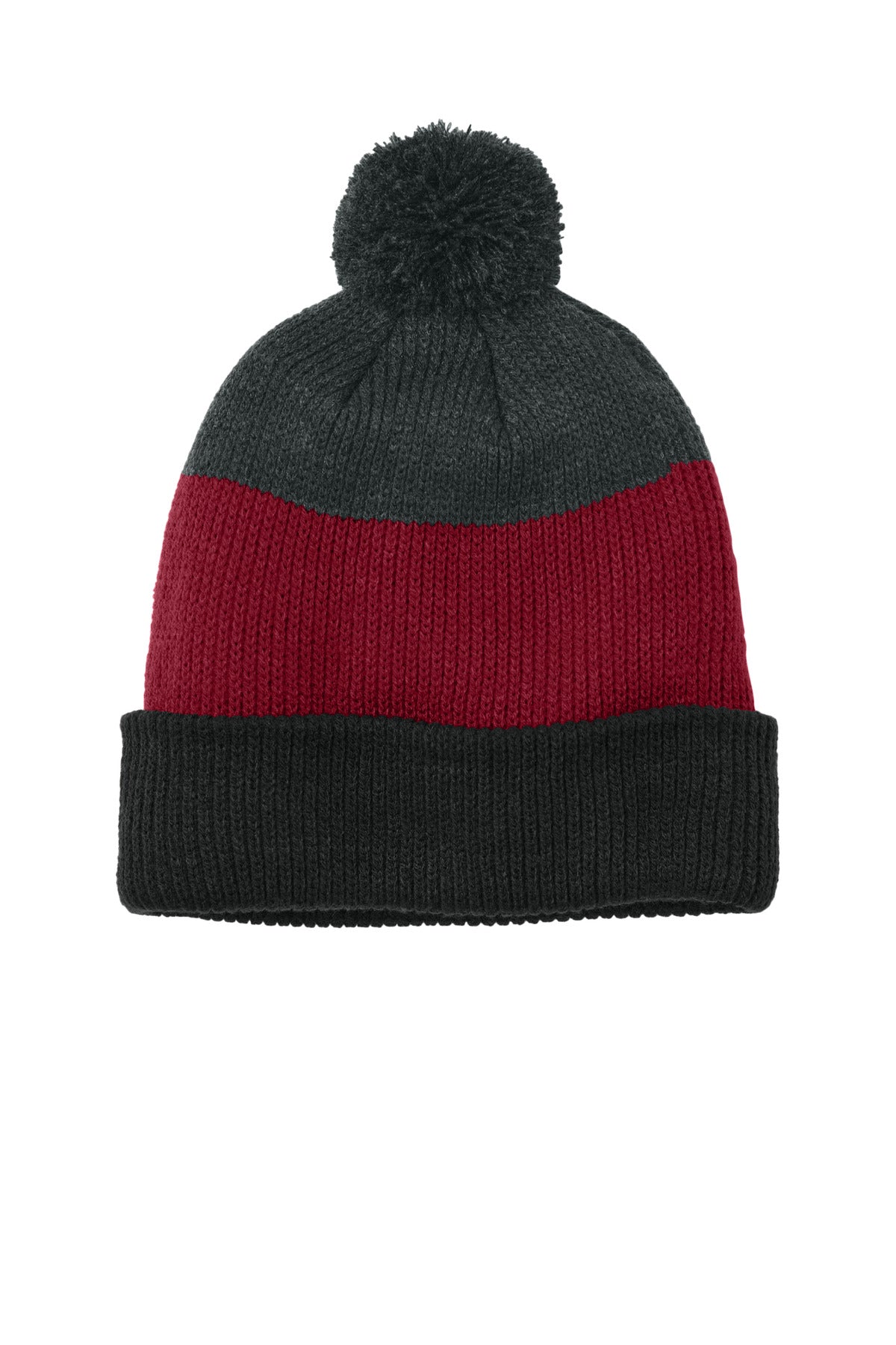 Front View of DBk/RcR/CH Port Authority Cozy Striped Pom Beanie C979