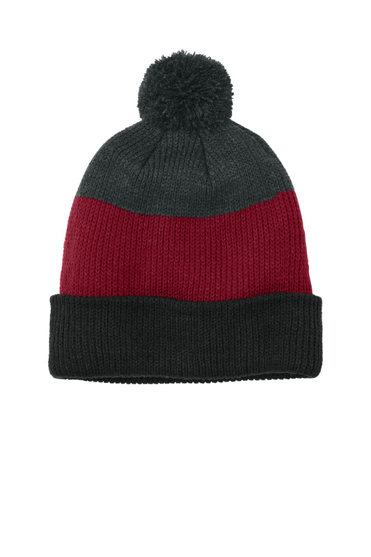 Front View of DBk/RcR/CH Port Authority Cozy Striped Pom Beanie C979
