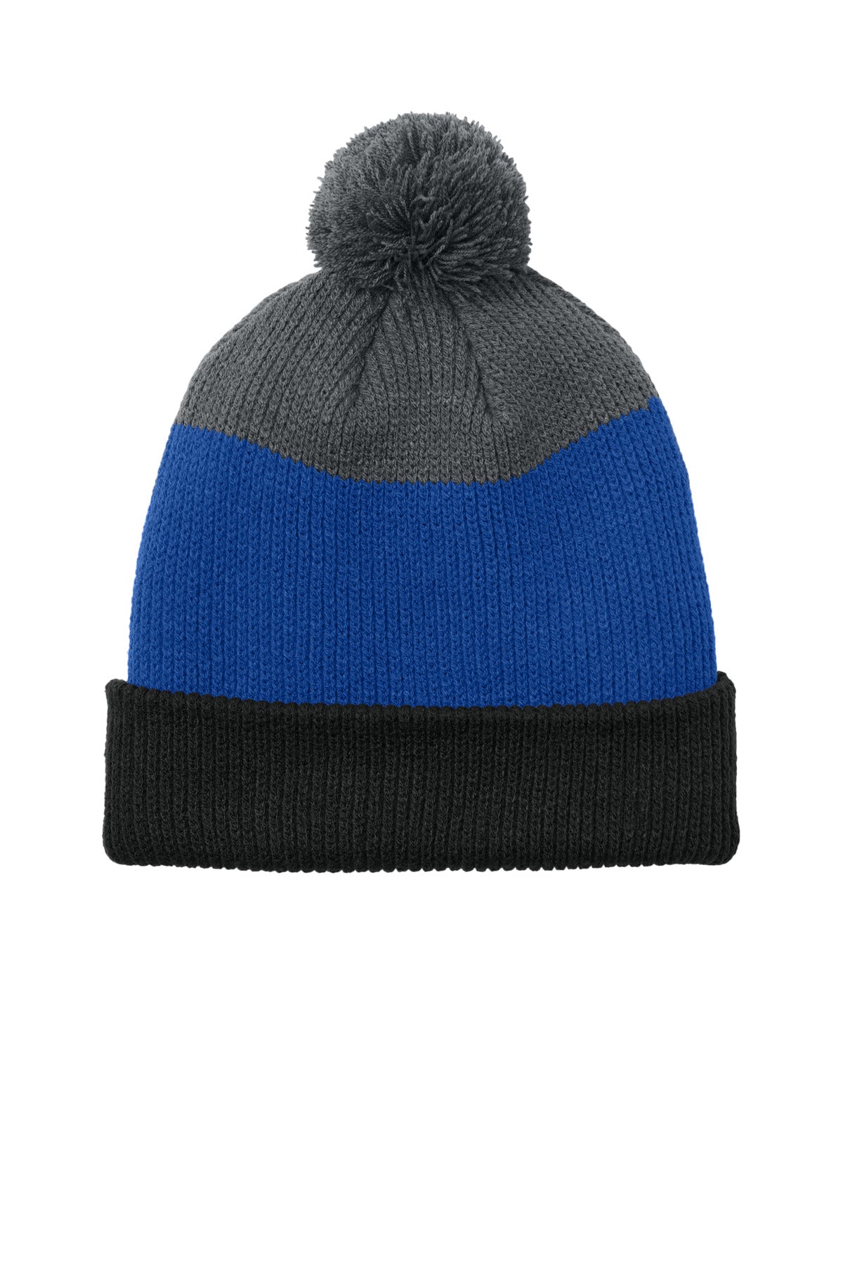 Front View of DBk/TRy/SG Port Authority Cozy Striped Pom Beanie C979