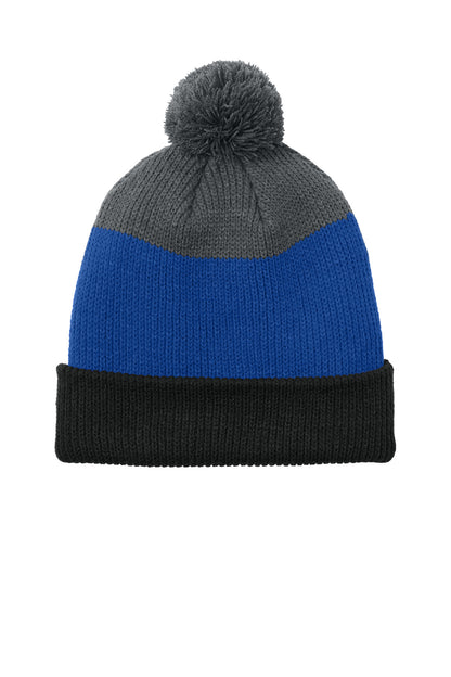 Front View of DBk/TRy/SG Port Authority Cozy Striped Pom Beanie C979