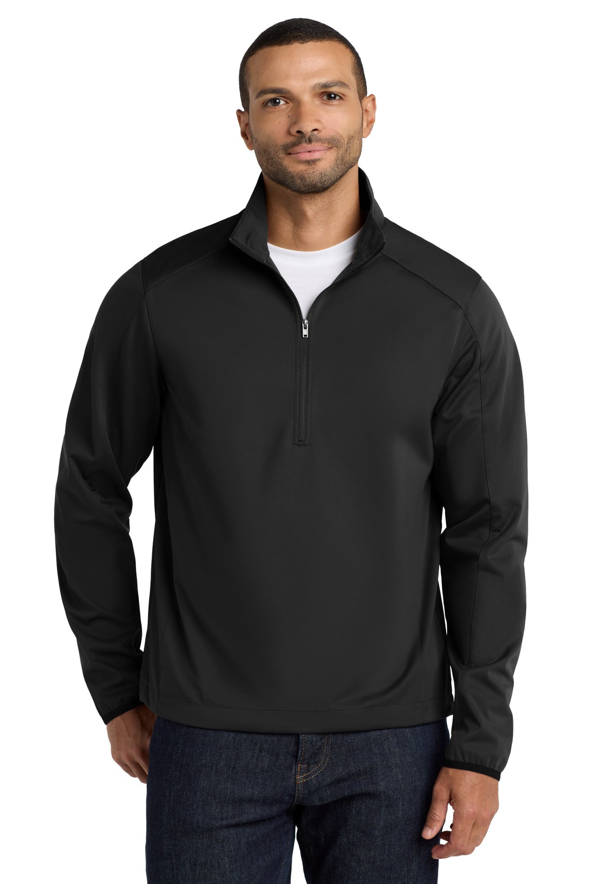 Front View of Deep Black Port Authority Active 1/2-Zip Soft Shell Jacket. J716