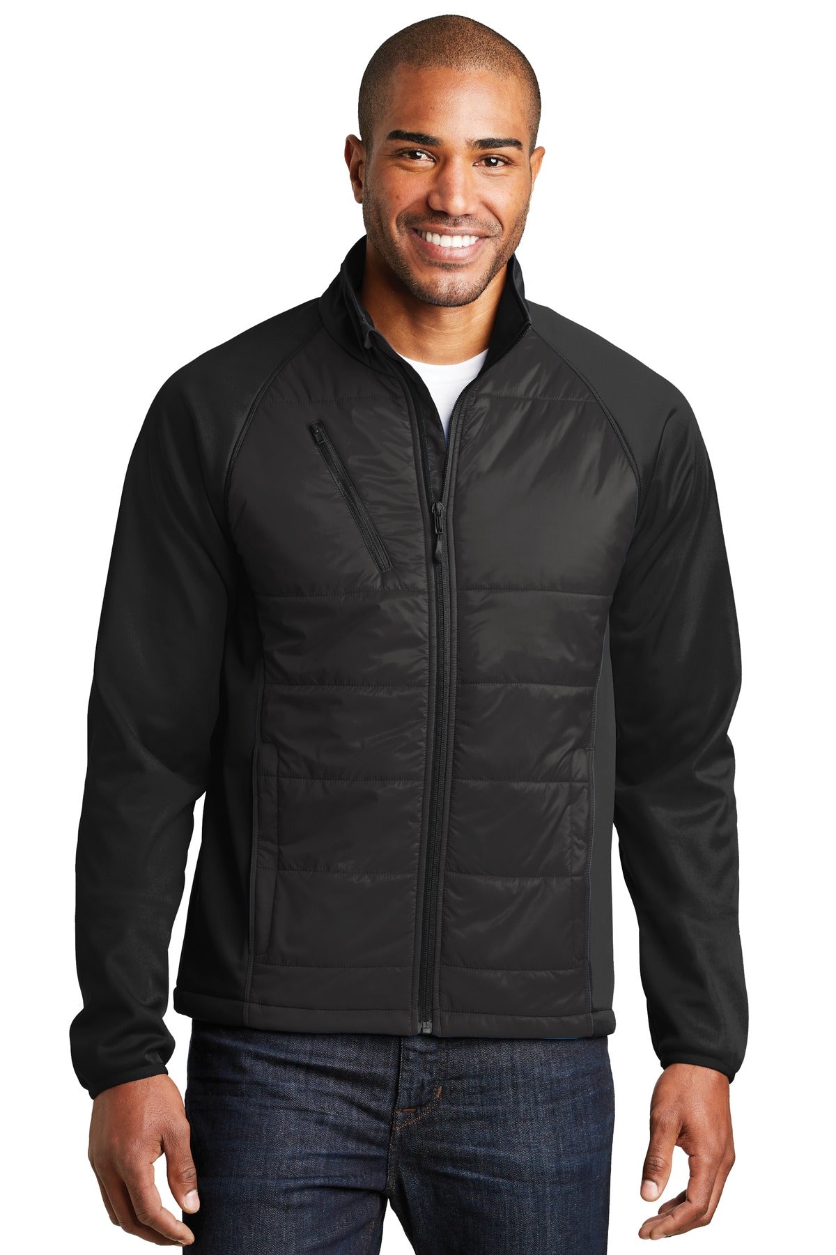 Front View of Deep Black Port Authority Hybrid Soft Shell Jacket. J787