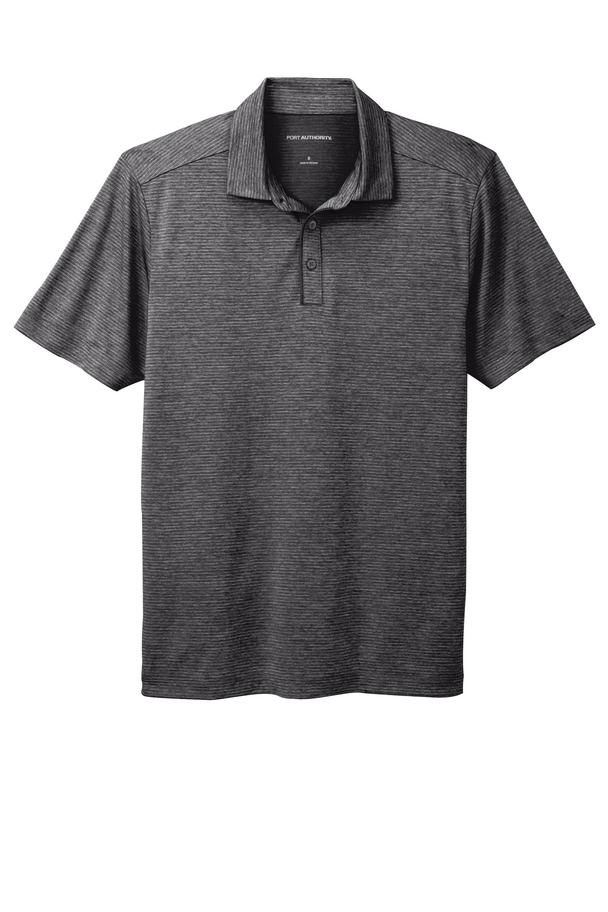Front View of Deep Black Port Authority Shadow Stripe Polo. K585