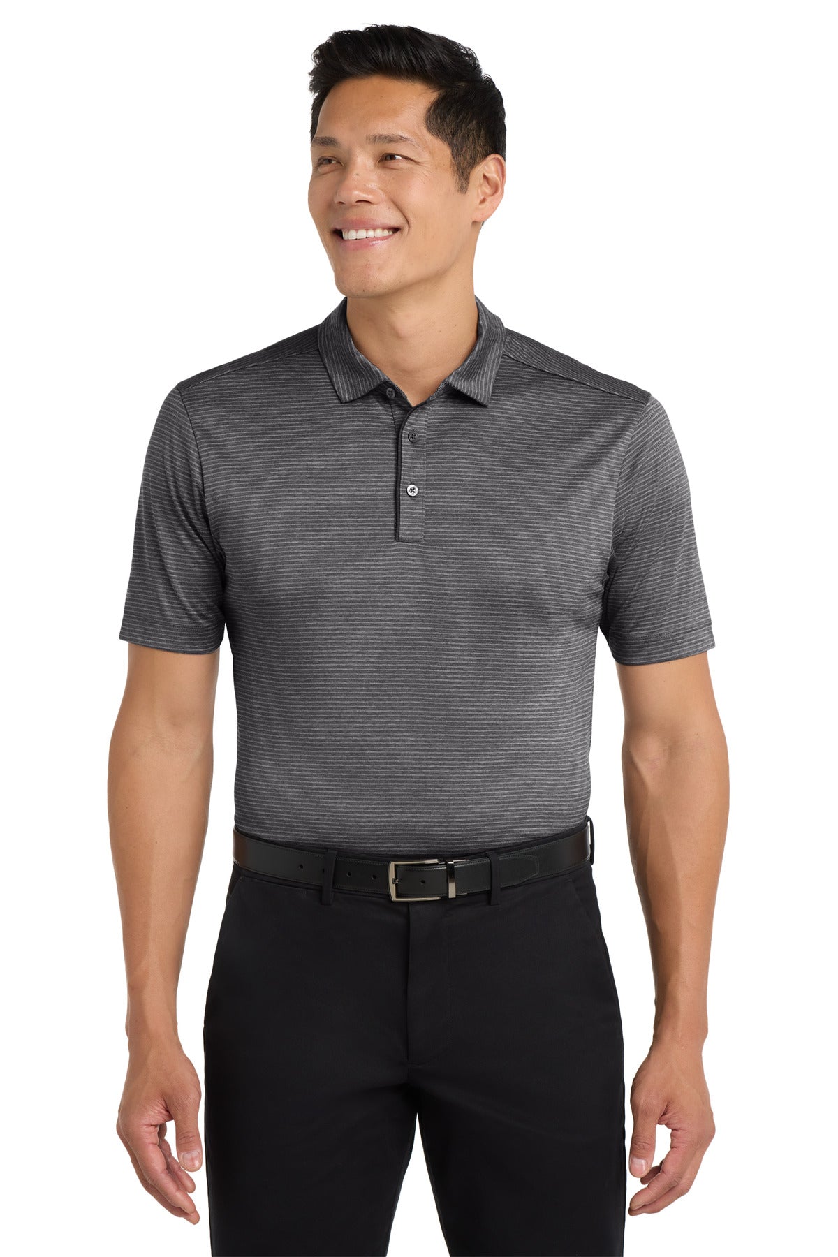Front View of Deep Black Port Authority Shadow Stripe Polo. K585