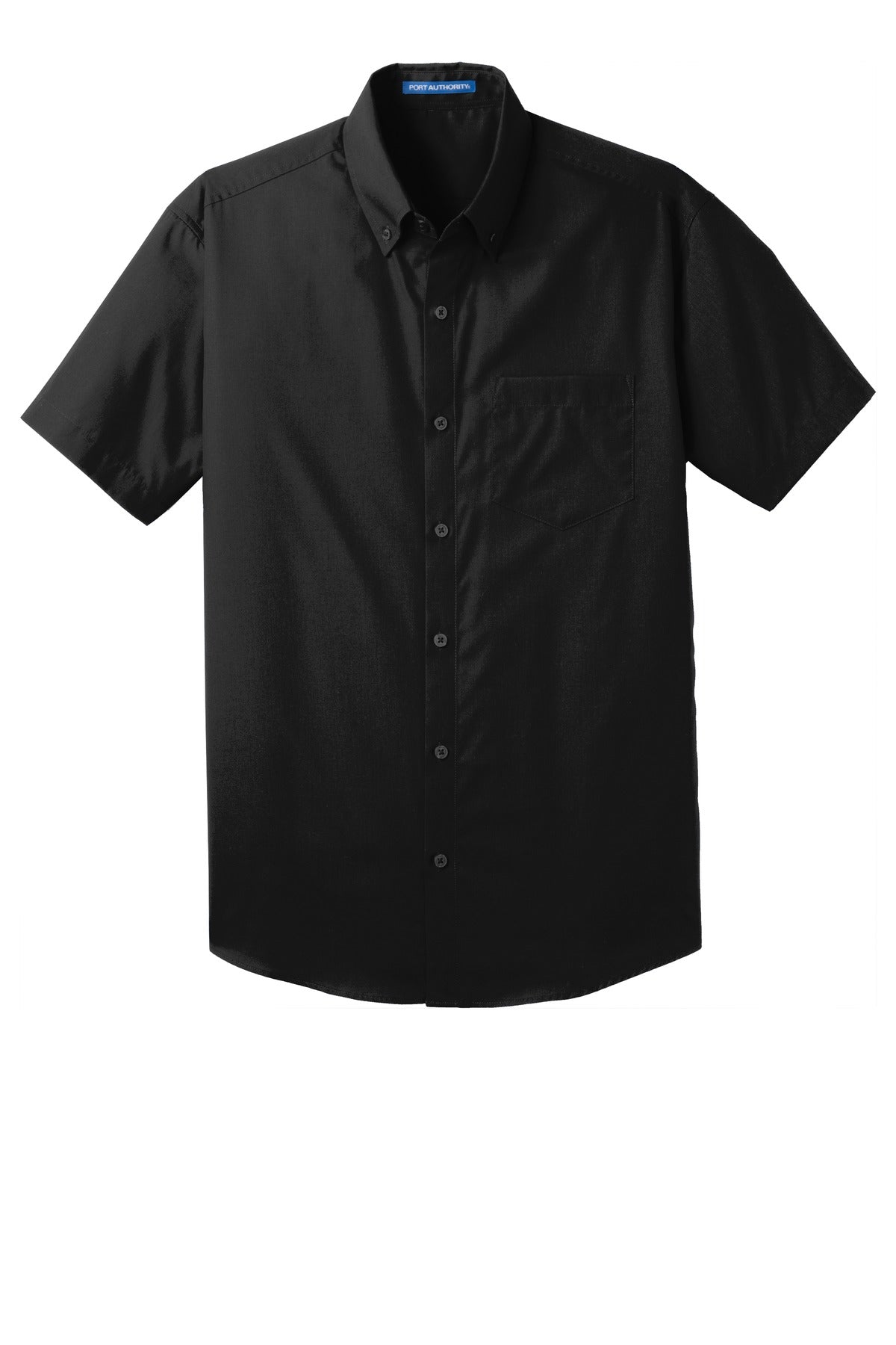 Front View of Deep Black Port Authority Short Sleeve Carefree Poplin Shirt. W101