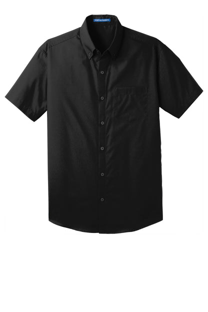 Front View of Deep Black Port Authority Short Sleeve Carefree Poplin Shirt. W101