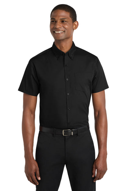 Front View of Deep Black Port Authority Short Sleeve Carefree Poplin Shirt. W101