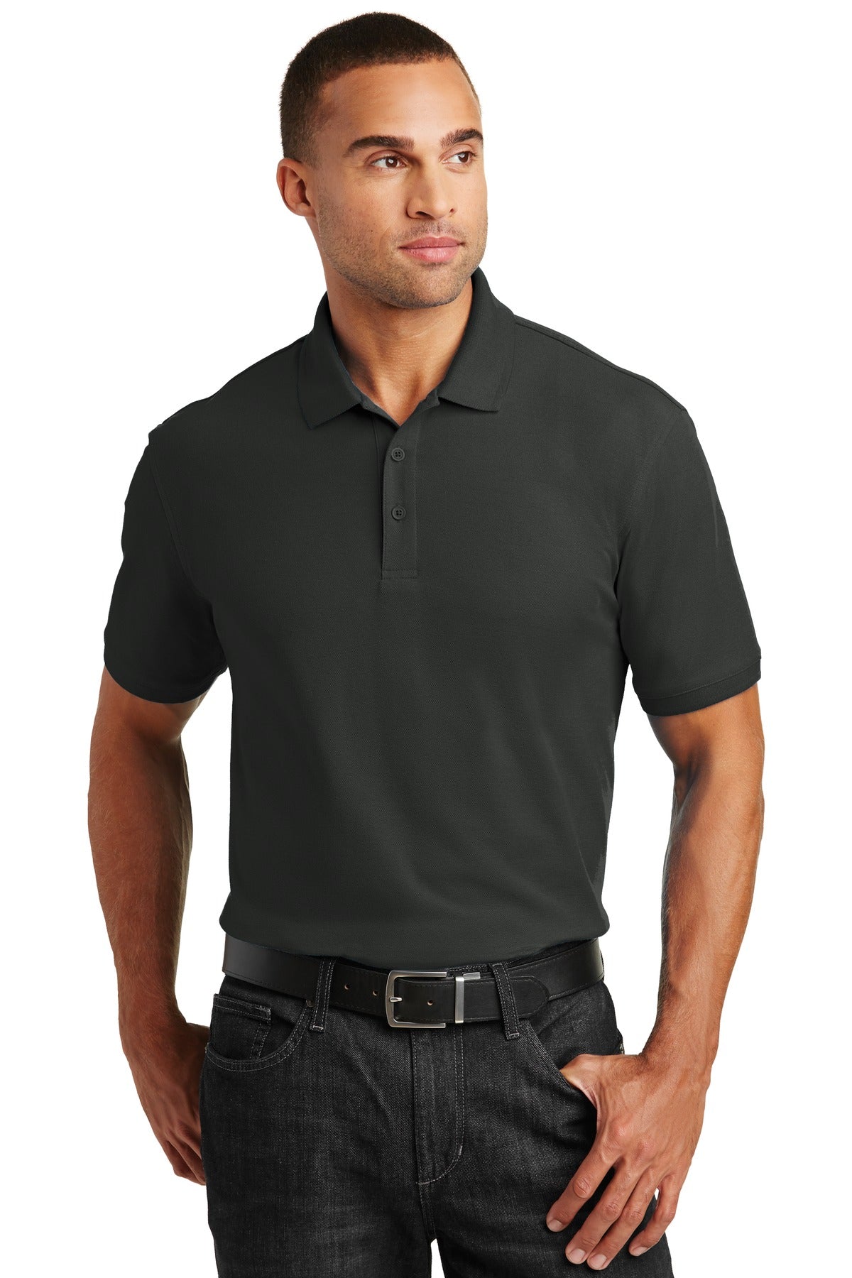 Front View of Deep Black Port Authority Tall Core Classic Pique Polo. TLK100