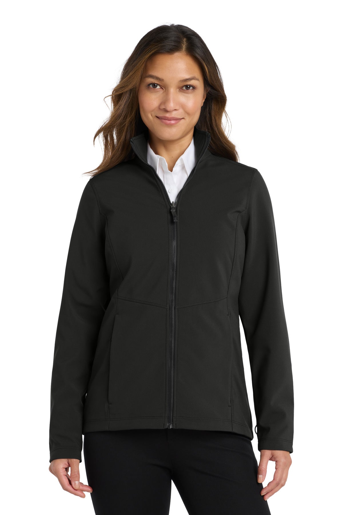 Front View of Deep Black Port Authority Women's Collective Soft Shell Jacket. L901