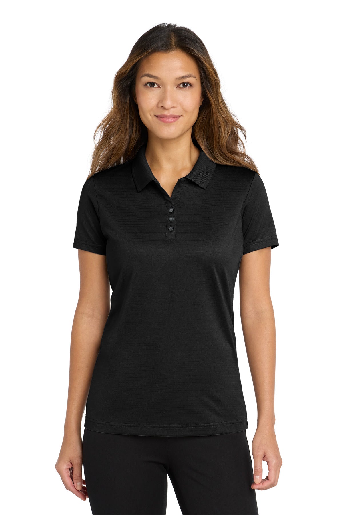 Front View of Deep Black Port Authority Women's Eclipse Stretch Polo. LK587