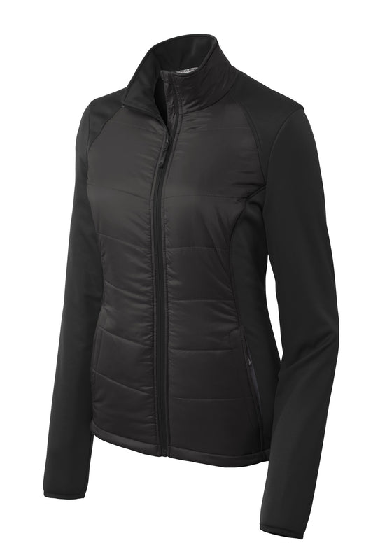 Front View of Deep Black Port Authority Women's Hybrid Soft Shell Jacket. L787