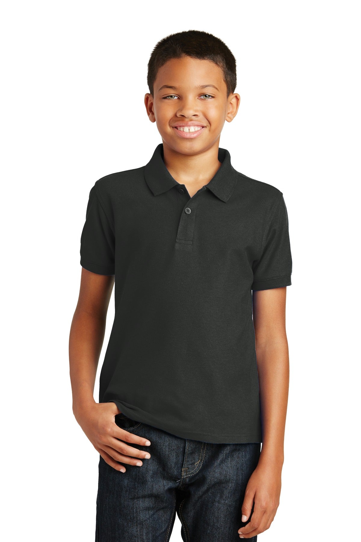 Front View of Deep Black Port Authority Youth Core Classic Pique Polo. Y100