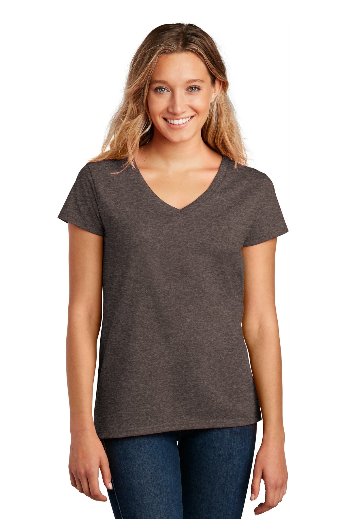 Front View of Deep Brown Hth District Women's Re-Tee V-Neck DT8001