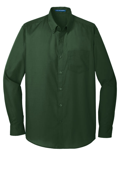 Front View of Deep Forest Gn Port Authority Long Sleeve Carefree Poplin Shirt. W100