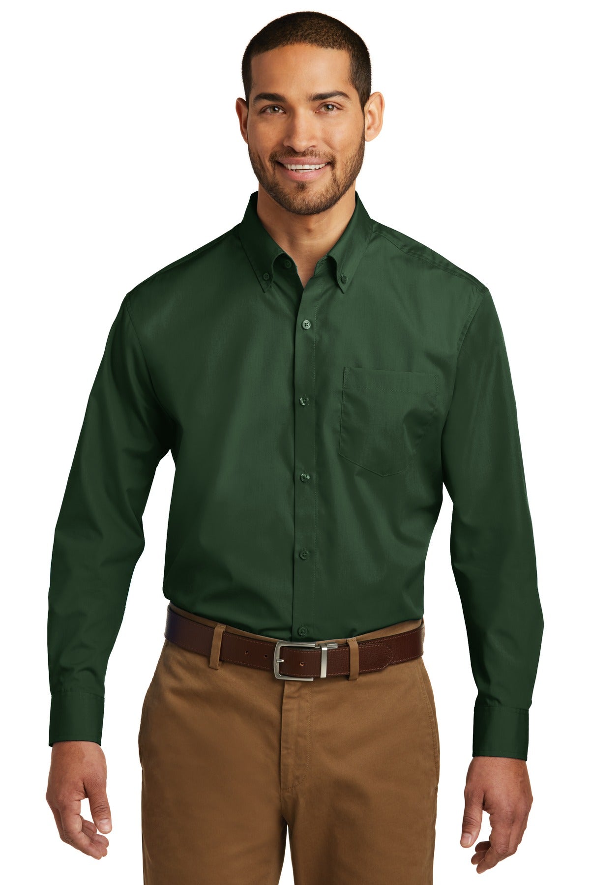 Front View of Deep Forest Gn Port Authority Long Sleeve Carefree Poplin Shirt. W100