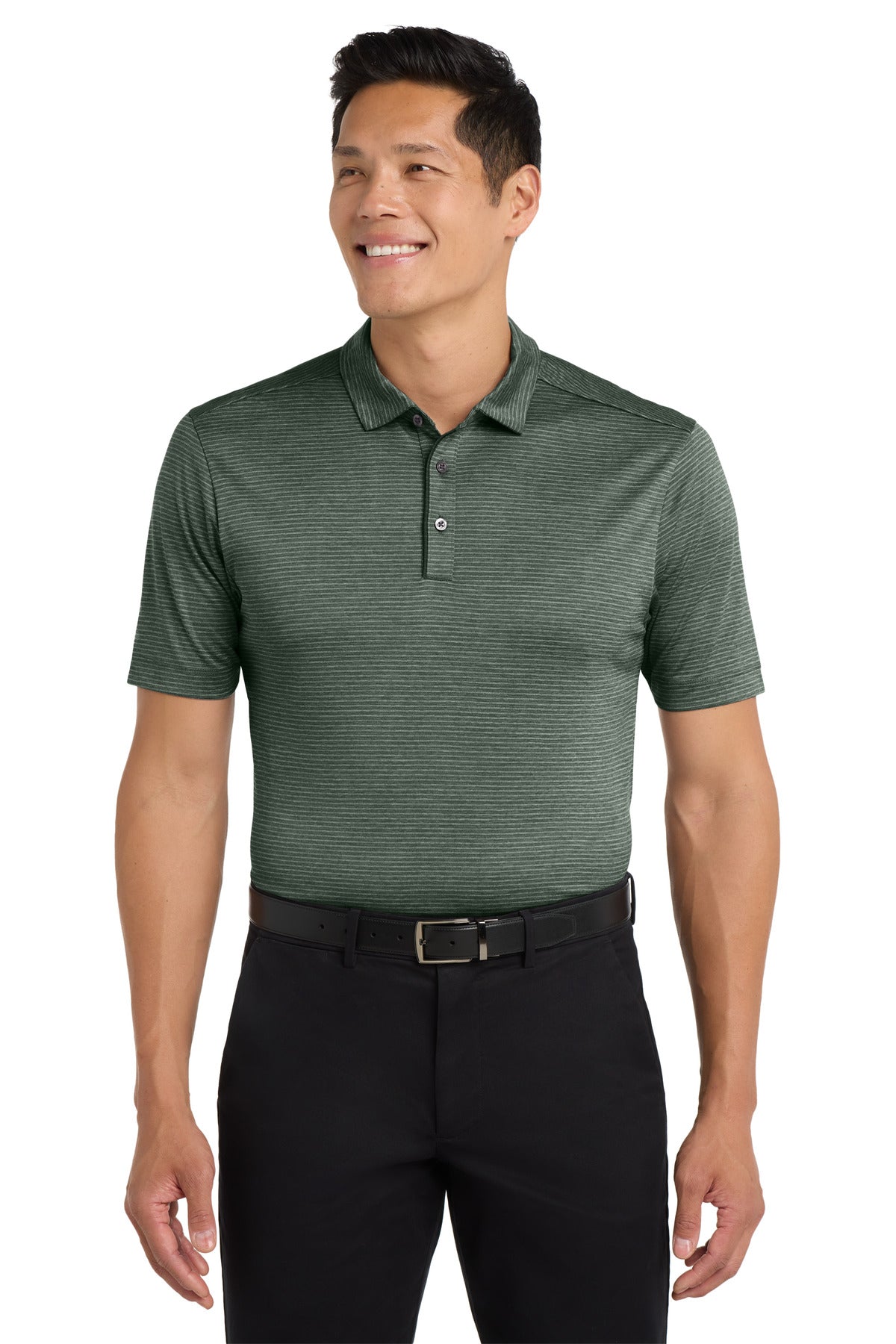 Front View of Deep Forest Gn Port Authority Shadow Stripe Polo. K585