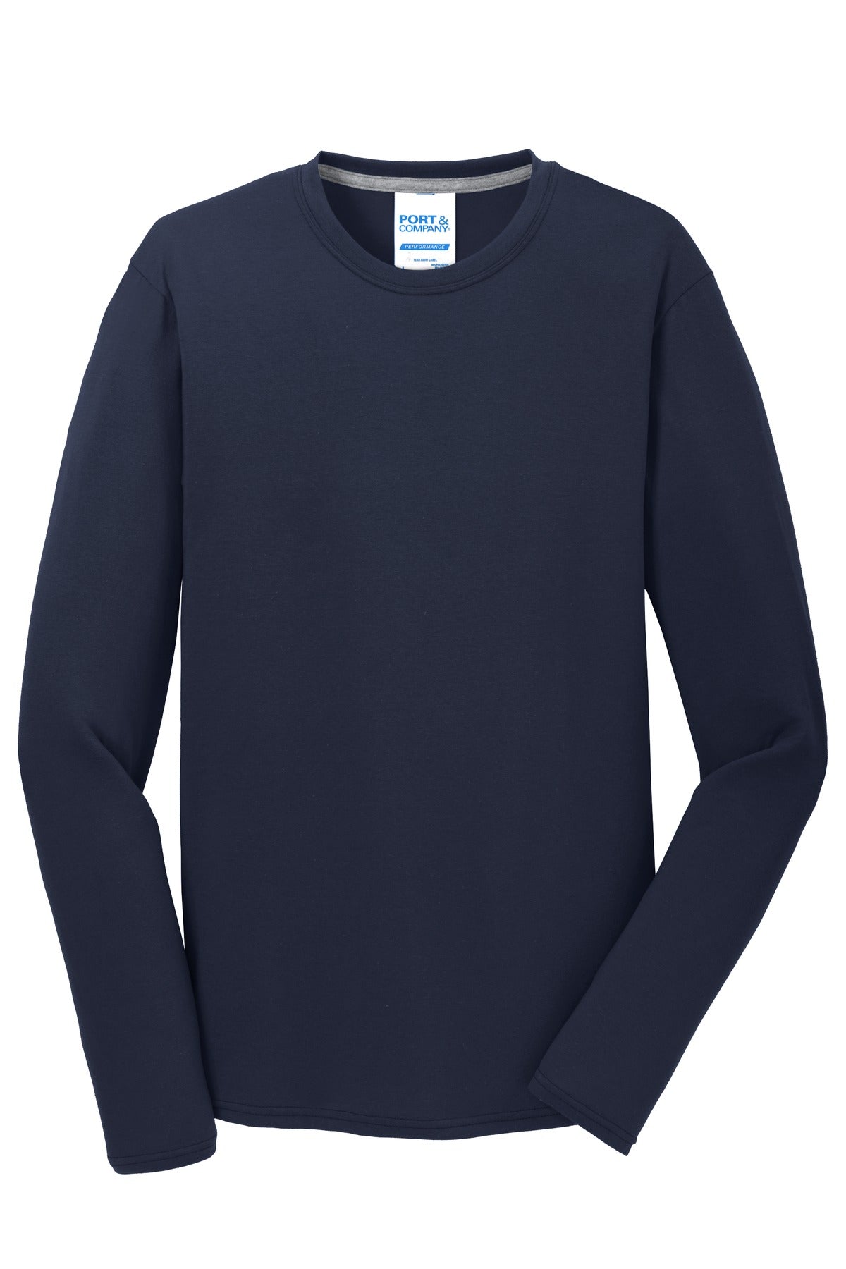 Front View of Deep Navy Port & Company Long Sleeve Performance Blend Tee. PC381LS