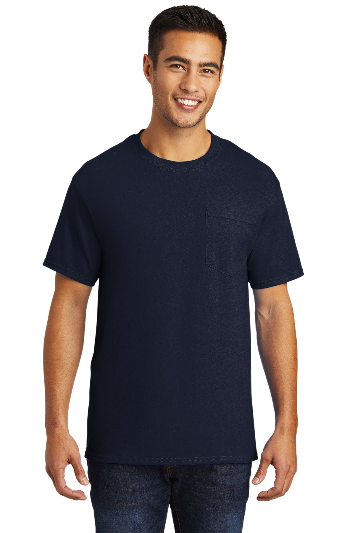Front View of Deep Navy Port & Company - Tall Essential Pocket Tee. PC61PT