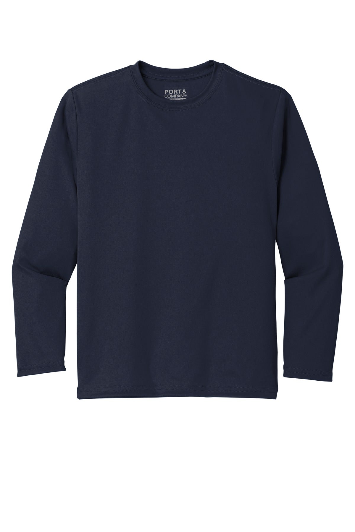 Front View of Deep Navy Port & Company Youth Long Sleeve Performance Tee PC380YLS