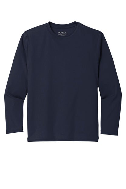Front View of Deep Navy Port & Company Youth Long Sleeve Performance Tee PC380YLS