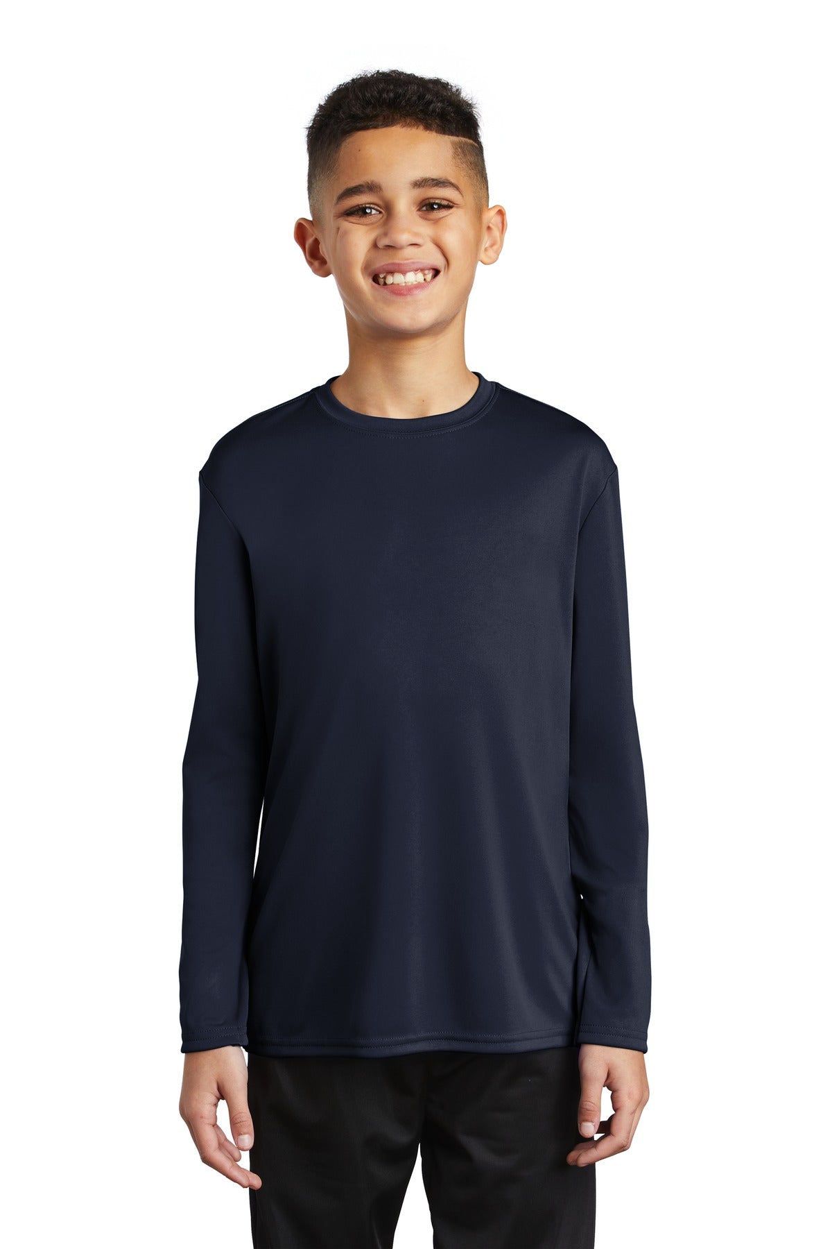 Front View of Deep Navy Port & Company Youth Long Sleeve Performance Tee PC380YLS